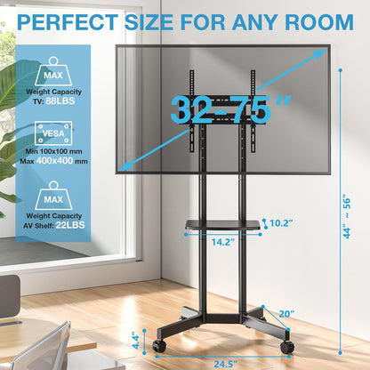 YOMT Mobile TV Stand for 32-75 inch TVs - Height Adjustable Rolling TV Stand, 88lbs Capacity, 2-inch Caster Wheels Portable TV Stand with Removable Storage Shelf