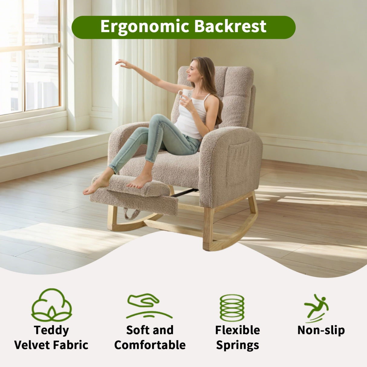 Hevaotry Nursery Rocking Chair with Adjustable Footrest for Living Room,Teddy Fabric Rocking Chair with Solid Wooden Legs，Comfortable Lounge Armchair with Side Pockets and High Backrest(Light Coffee) Hevaotry