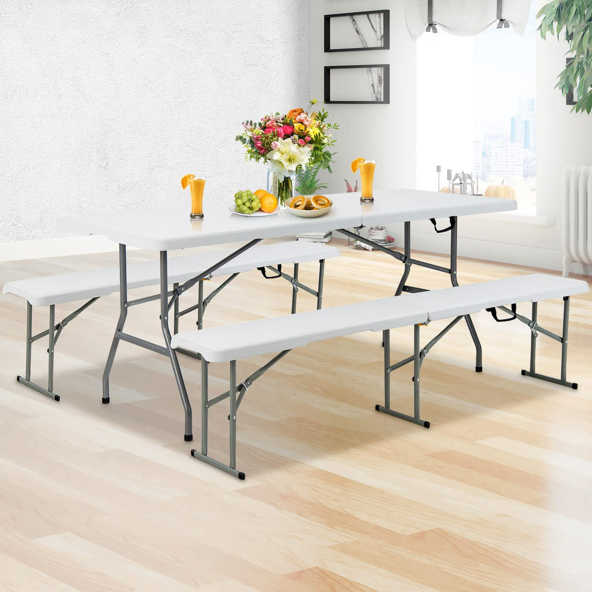 Goplus 6ft Folding Table, Indoor Outdoor Foldable Plastic Folding Tables, Heavy-Duty Rectangular Fold Up Table w/Handle, Portable Utility Card Table for Picnic, Party, Dining, Camping, Beach, White Goplus