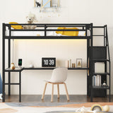 Twin XL Loft Bed with Stairs and Wardrobe, Heavy Duty Loft Bed with Desk and Storage, RGB LED Loft Bed with USB Port, Outlets and Adjustable Shelf(Black Twin XL) Bellemave