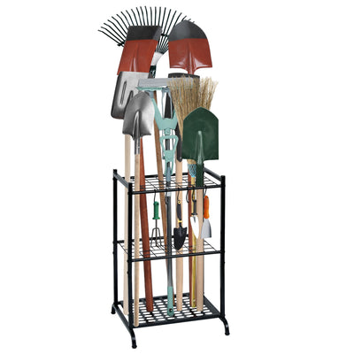 RANXFLOAT Garden Tool Organizer with Storage Hooks, Yard Tool Tower Rack for Garage Organization and Storage, Up to 35 Long-Handled Tools, Metal Tool Holder with 6 Hooks, Black