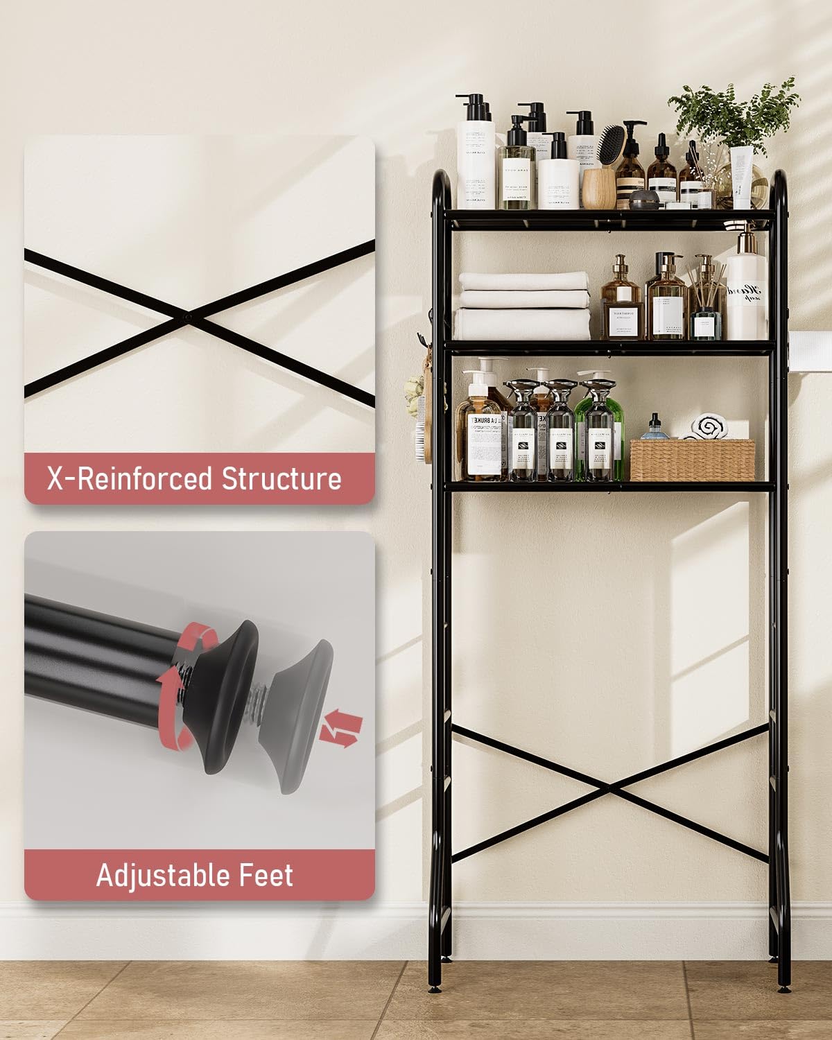 Tujurich Over The Toilet Storage Rack, 3-Tier Metal Bathroom Organizer with Hooks, Over The Toilet Storage Cabinet, Space Saver Shelf for Bathroom, Black, 23.6" x 13.0" x 63.4" Tujurich