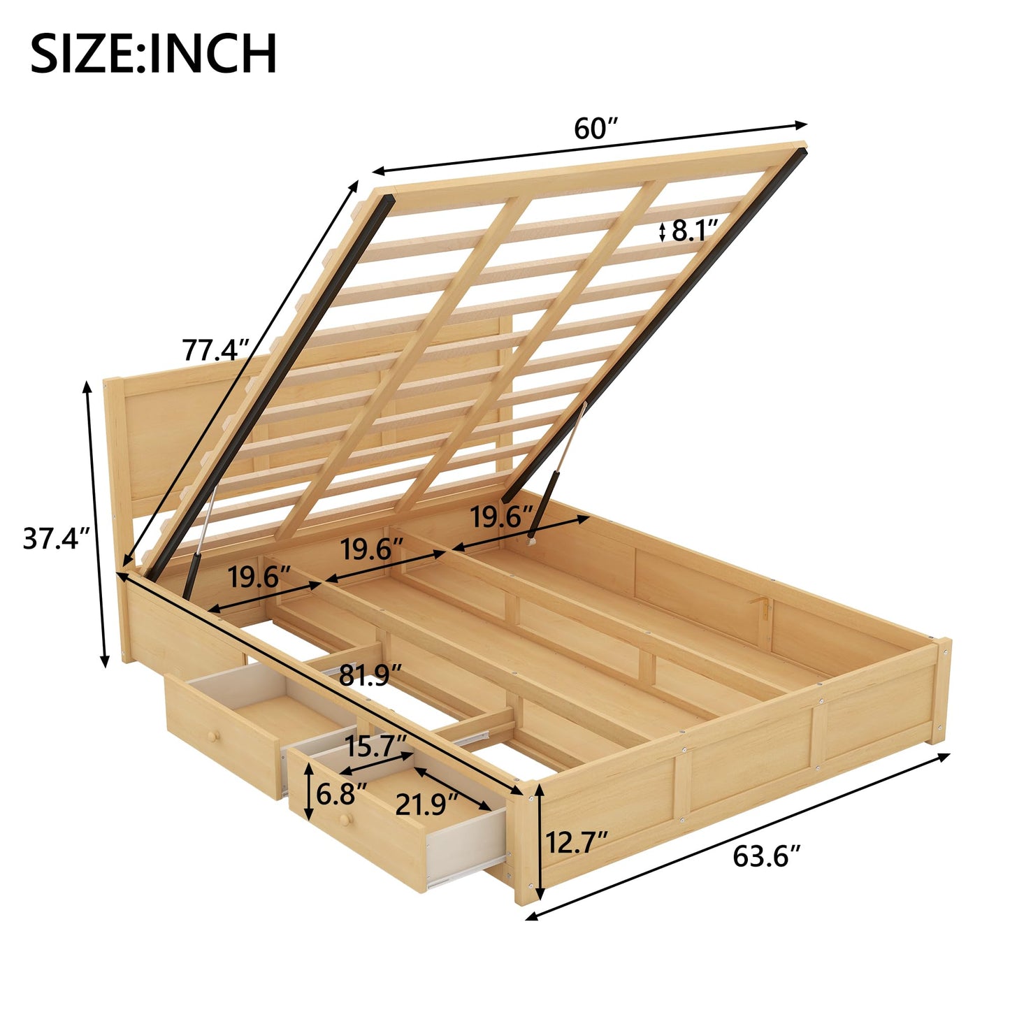 Harper & Bright Designs Natural Queen Lift Up Storage Bed with 2 Drawers - WoodArtSupply