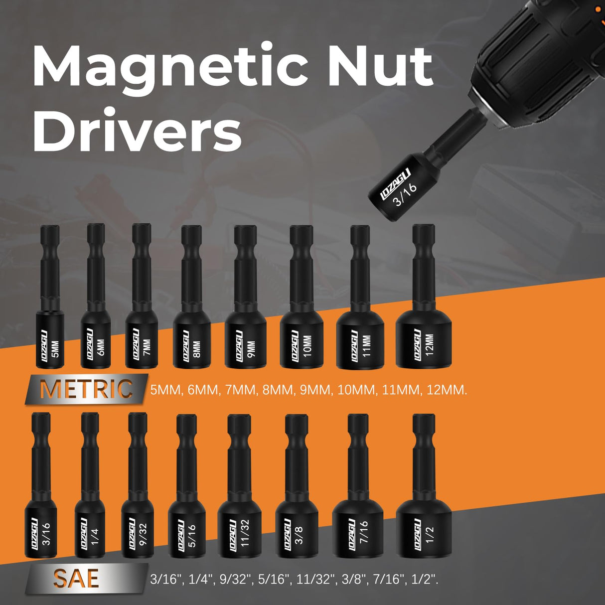 LOZAGU 17PCS Magnetic Nut Driver Set | SAE and Metric | Premium Impact Power Hex Nut Driver Drill Bit Master Kit | 1/4 Inch Hex Shank | Cr-V Steel (17PCS Magnetic Nut Driver (Short)) LOZAGU