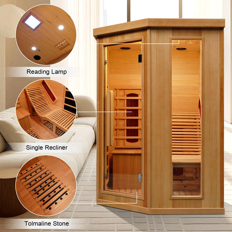 ZONEMEL Infrared Sauna Room with Recliner, One Person Infrared Sauna Home, 220V，2300W, 4 Heating Tubes, 4 Carbon Crystal Heating Panel, Bluetooth Speakers, 7 Color Light, Oxygen Bar ZONEMEL