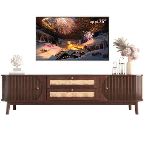 Merax Modern Fluted TV Stand for 75" TVs, Mid-Century Entertainment Center Tambour Door Media Console TV Cabinet with Rattan-Front Drawer for Living Room, Curved Profile Design Merax