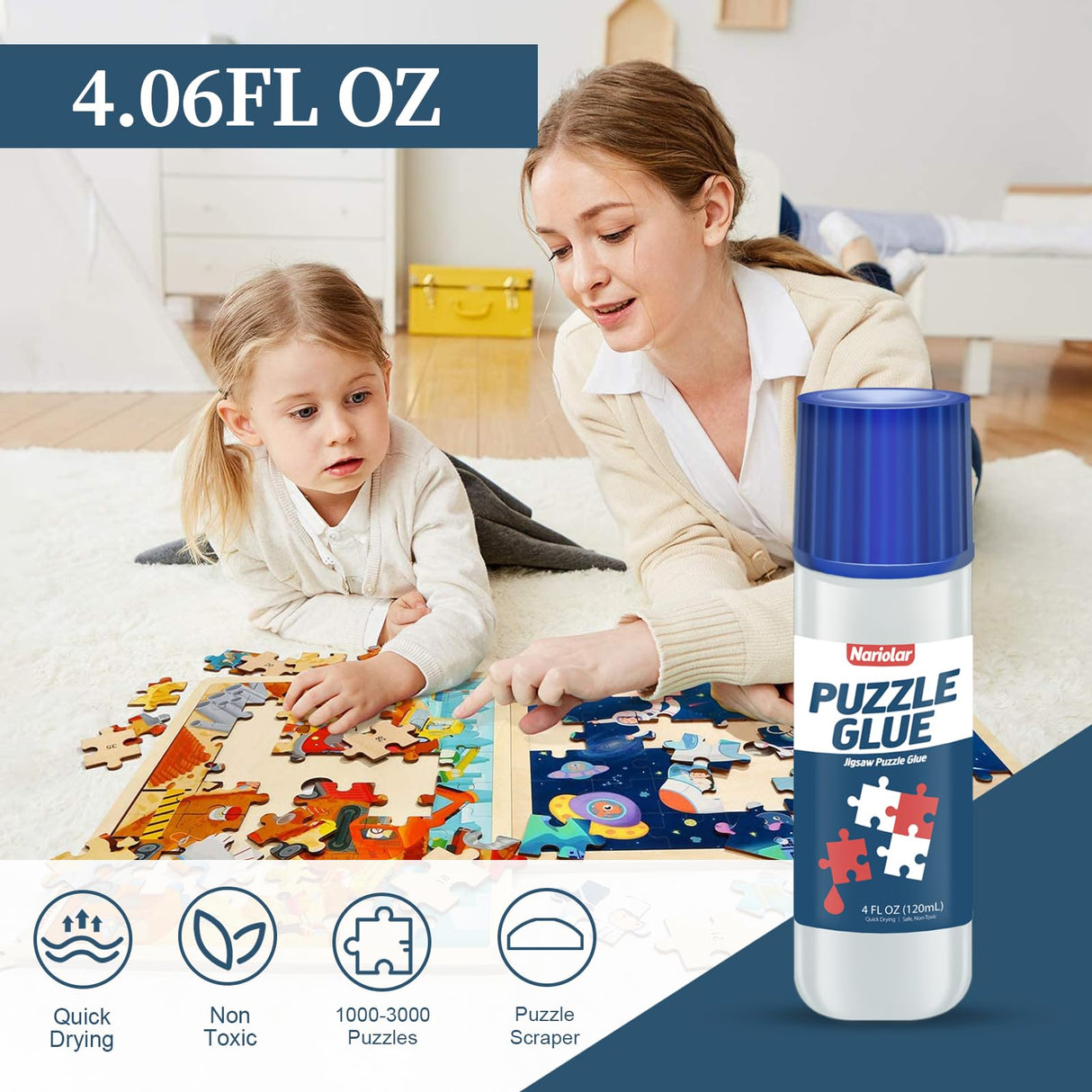 Nariolar Jigsaw Puzzle Glue Clear with Applicator Suitable for Fixing and Hanging Puzzles, Quick Drying, 4 Ounces Nariolar