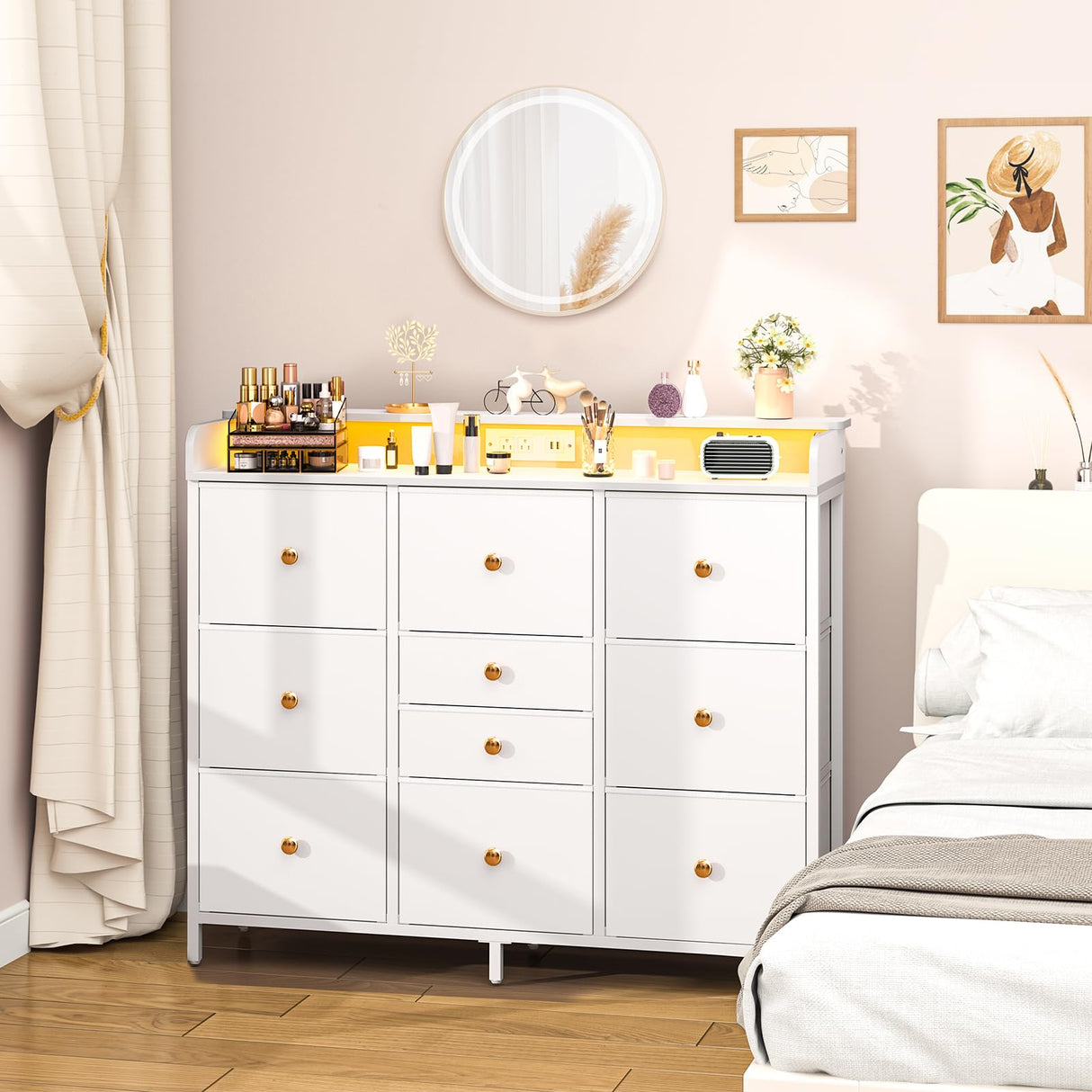 Yoobure Dresser for Bedroom with Charging Station and LED Lights, Tall TV Stand with 10 Storage Drawers, Fabric Wood Dressers & Chests of Drawers for Kids Bedroom Closet Organizer, White Yoobure