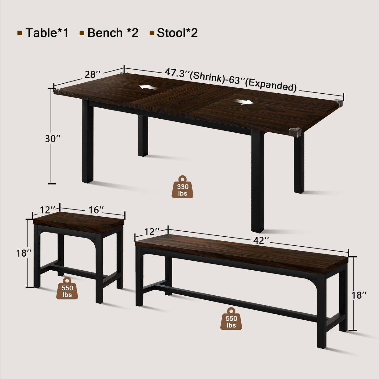Einhomn 5 Pieces Dining Room Table Set for 4-6, 63' Extendable Kitchen Table Set with 2 Benches & 2 Stools, Small Dining Table Set with Metal Frame & MDF Board, Espresso Einhomn