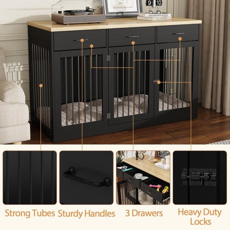 PIAOMTIEE 55.3" Extra Large Dog Crate Furniture, Indoor Heavy Duty Dog Kennel House with 3 Drawers, Modern Furniture Dog Crate Side End Table TV Stand for XL Large Medium Breed Dogs, Black PIAOMTIEE