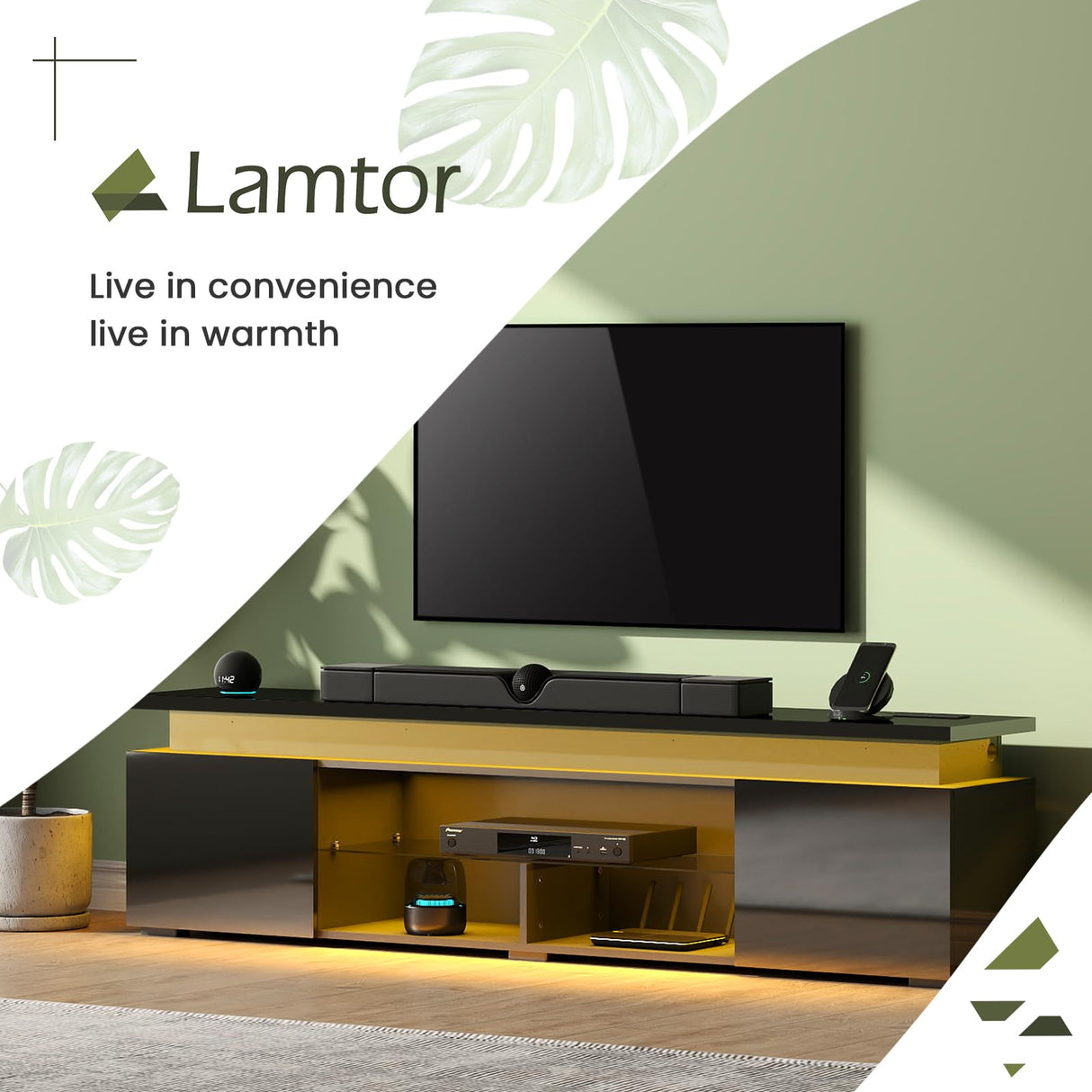 Lamtor TV-Stand with Power Outlet - TV Stand for up to 85 inch Televisions- Entertainment Center with Dynamic LED Lights & High Gloss, Modern TV Console with Storage Cabinets for Living Room, Black Lamtor