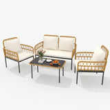 IDEALHOUSE 4-Piece Outdoor Patio Furniture Set, All-Weather PE Rattan Wicker Loveseat & Chairs with Glass Coffee Table & Steel Frame, Boho Conversation Set for Patio, Balcony, Backyard, Beige IDEALHOUSE