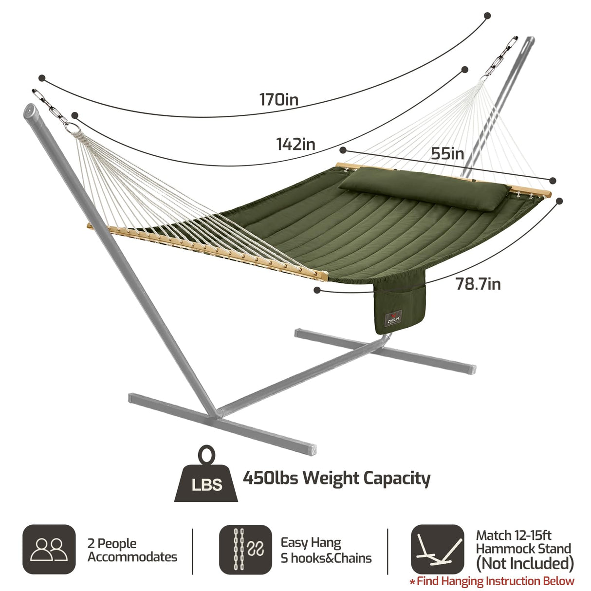CHULIM Double Quilted Fabric Hammock with Hardwood Spreader Bars and Pillow 450 LBS Capacity 2 Person Hammock Large Hammock for Outdoor Patio Backyard Poolside - Green CHULIM