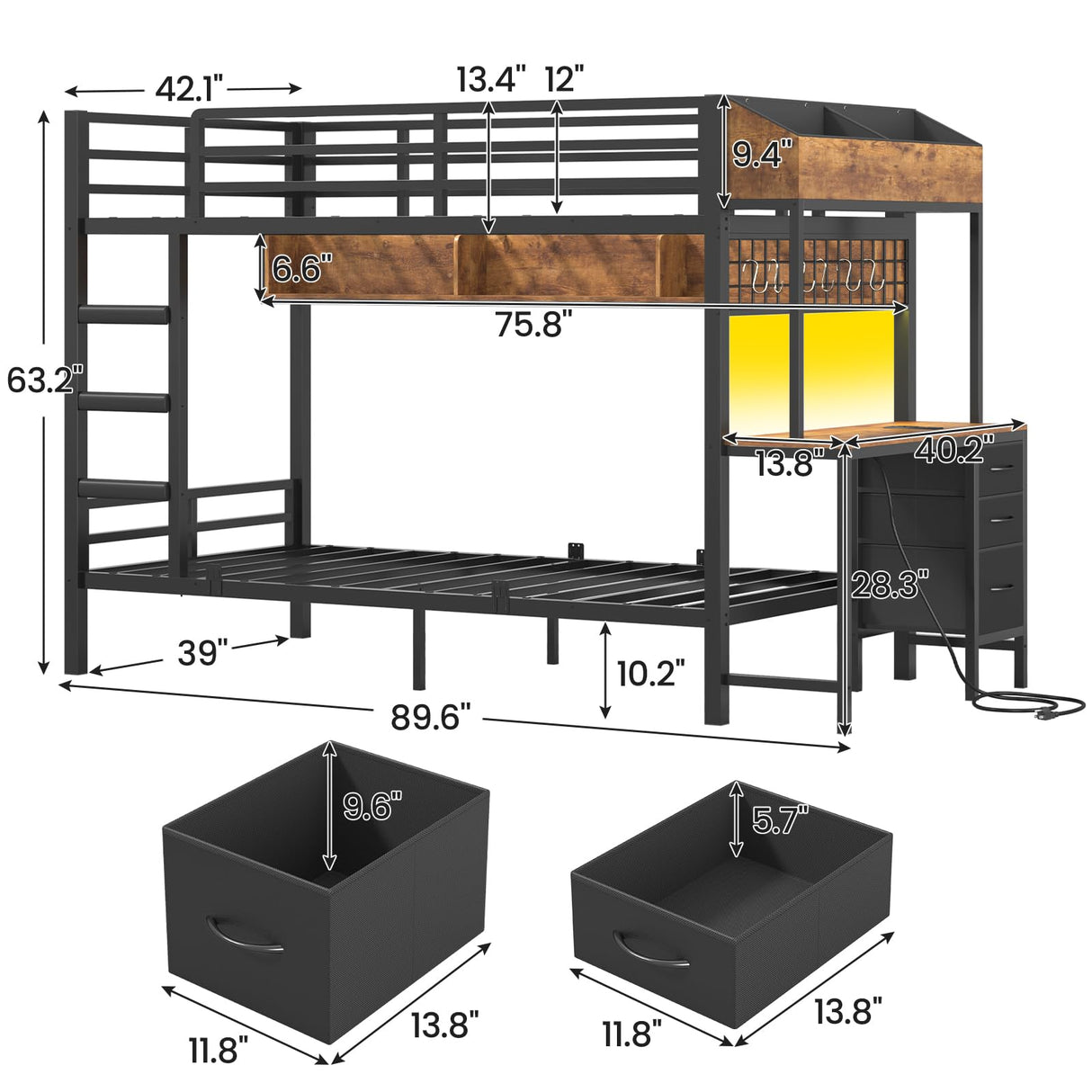 VIAGDO Bunk Bed Twin Over Twin with Charging Station and LED Lights, Heavy Duty Metal Bunk Bed with Desk and 3 Storage Drawers, Utility Storage Shelf and Boxes, No Box Spring Needed, Black VIAGDO
