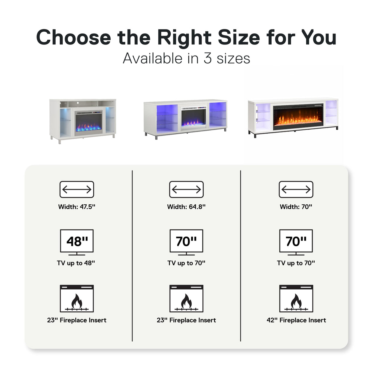 Ameriwood Home Lumina Fireplace TV Stand for TVs up to 70 Inch, Replaceable Electric Fireplace Insert Heater, Remote Control, Timer, Color Changing LED Lights, Crystal Ember Flames, White Ameriwood Home