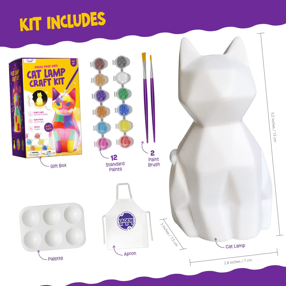 LAOESE Paint Your Own Cat Lamp Kit, Art Supplies Arts & Crafts Kit, Painting kit for Kids 6-12, Arts and Crafts for Kids Ages 8-12, Toys Girls Boy Birthday Gift Ages 3 4 5 6 7 8 9 10 11 12+ LAOESE