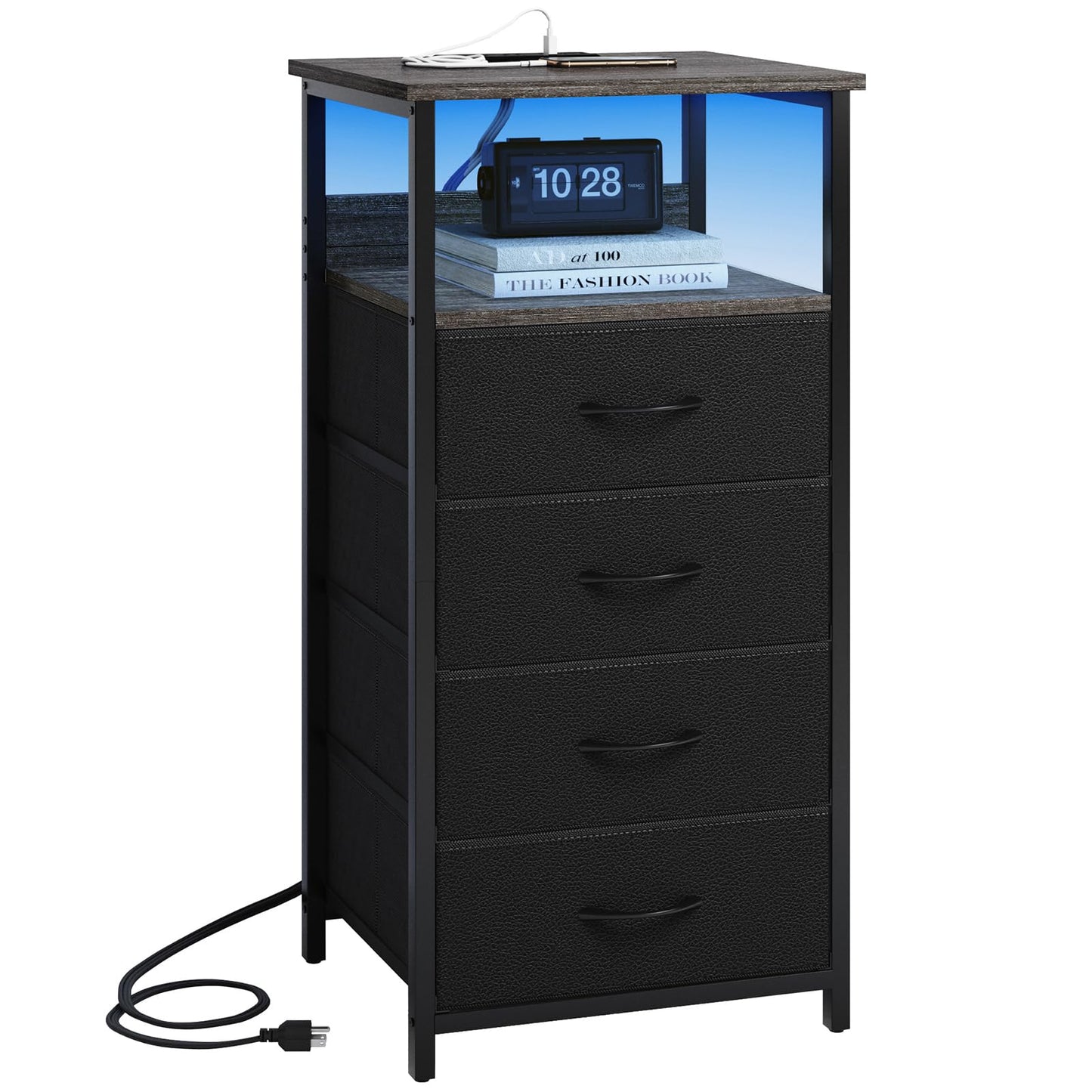 Fixwal Dressers for Bedroom Night Stand with Charging Station, LED Tall Nightstand with USB Ports and Outlets, 4 Fabric Storage Drawers with PU Finish, Small Dresser Bed Side Table, Charcoal  - WoodArtSupply