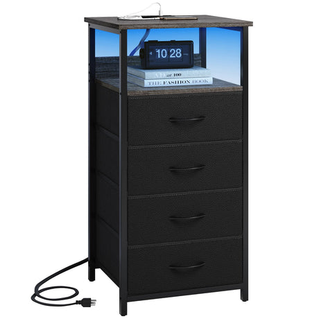 Fixwal Dressers for Bedroom Night Stand with Charging Station, LED Tall Nightstand with USB Ports and Outlets, 4 Fabric Storage Drawers with PU Finish, Small Dresser Bed Side Table, Charcoal Gray Fixwal
