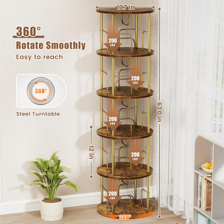 ALLSTAND 5-Tier 360° Rotating Gold Bookshelf - Space-Saving Swivel Bookcase for Stylish Storage ALLSTAND