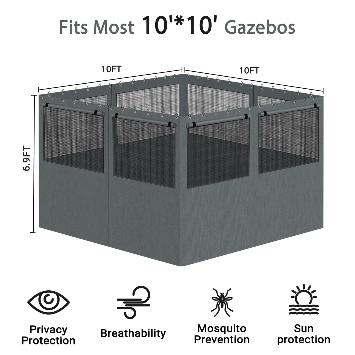 Gazebo Privacy Curtain 10'x10', Replacement Curtains with Mosquito Net Windows, 4-Panels Side Wall, Zippers, Waterproof Outdoor Curtains for Patio, Canopy, Garden and Backyard, Gray (Curtain Only) Bstge