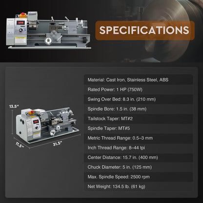 CREWORKS Mini Metal Lathe, 8" x 16" Benchtop Metal Lathe with 3 Jaw Chuck and 2500rpm Max. Spindle Speed, 750W Metalworking Machine with LCD Display, Metal Lathe Machine for Threading Turning Drilling