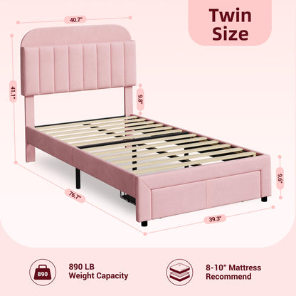 GarveeHome Twin Bed Frame with Drawer, Velvet Upholstered Platform Bed Frame with Storage Headboard, No Box Spring Needed, Easy Assembly, Noise-Free, Pink