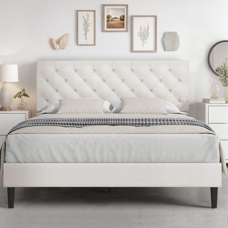 HOMBCK Queen Bed Frame with Headboard, Linen Fabric Upholstered Bed Frame Queen, Wood Slats Support, Button Tufted, No Box Spring Needed, White HOMBCK