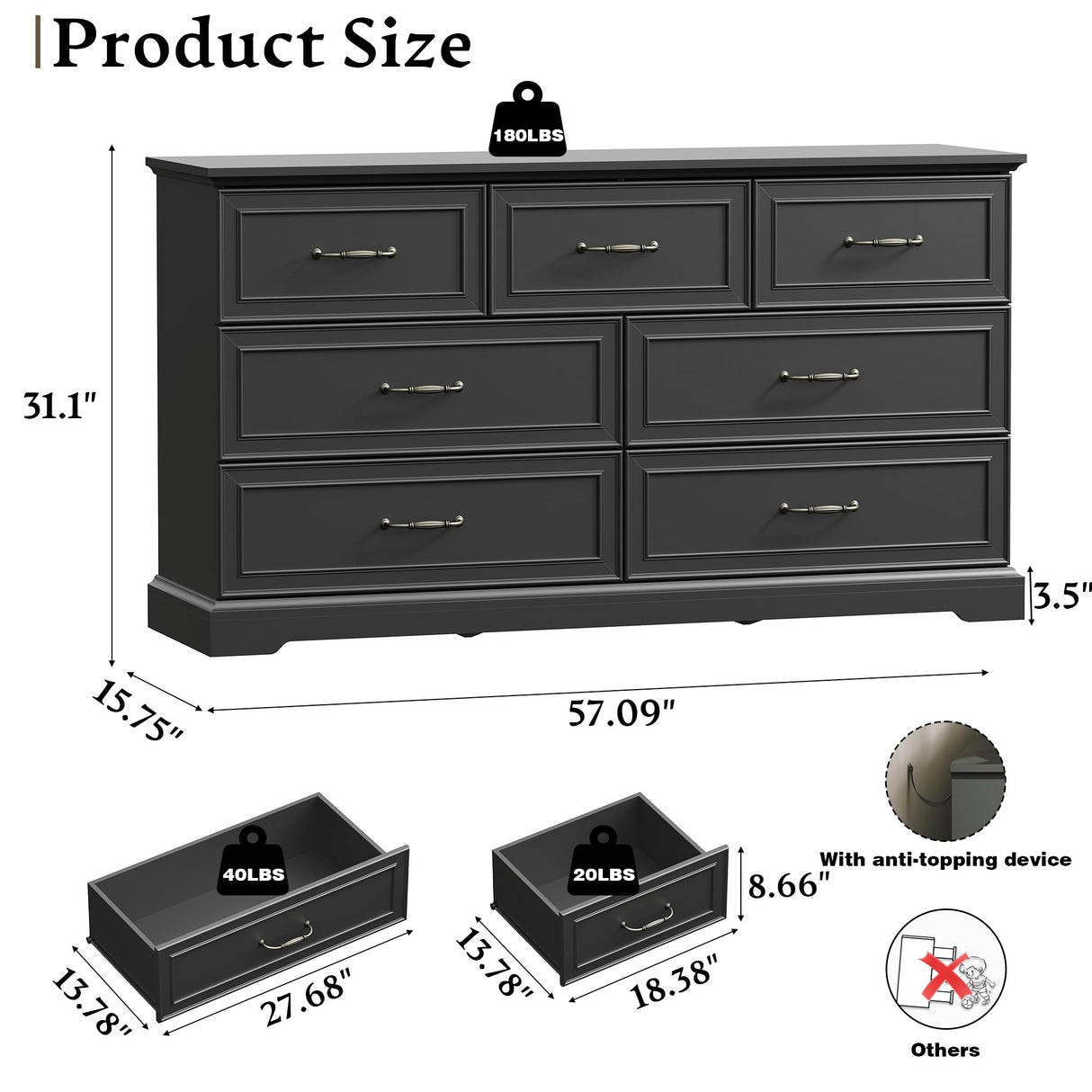 Farmhouse 7 Drawers Dresser for Bedroom, 57" Wide Modern Chest of Drawers with Deep Drawers & Bar Handles, Rustic Wood Dresser TV Stand, Wooden Closet Storage Organizer for Living Room, Hallway, Black Xixini
