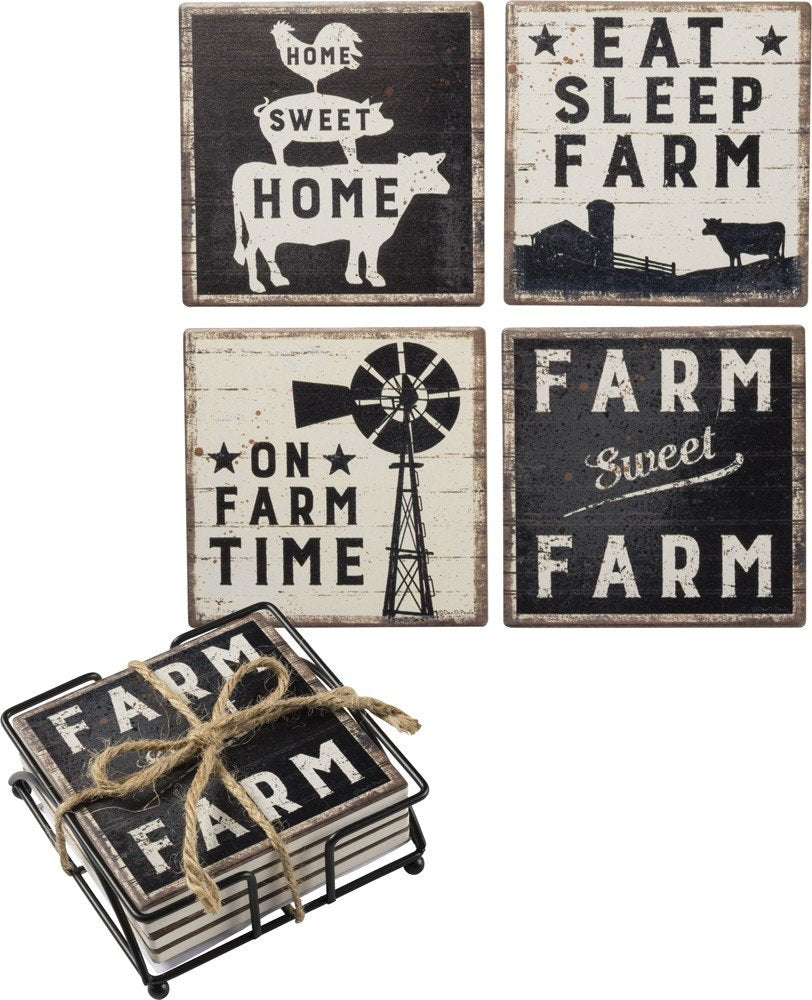 Primitives by Kathy 39412 Rustic Style Absorbent Stone Coasters, Set of 4, Farm-Sweet-Farm Primitives by Kathy