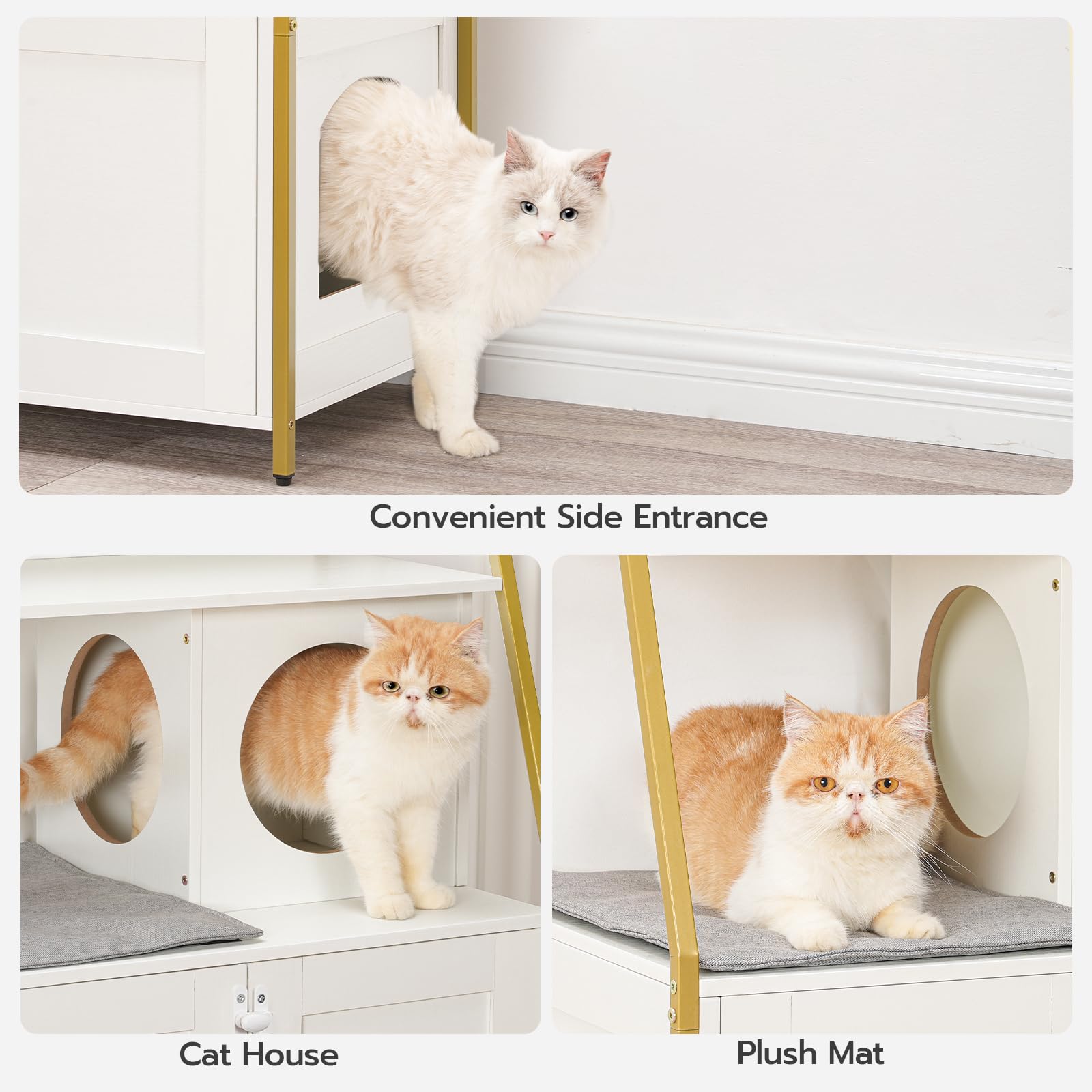 HOOBRO Litter Box Enclosure with 2 Storage Shelves, Tall Cat Litter Box Furniture Hidden with Charging Station, Indoor Cat Furniture with Cat House and Plush Mat, White and Gold DW70UMW01 - WoodArtSupply