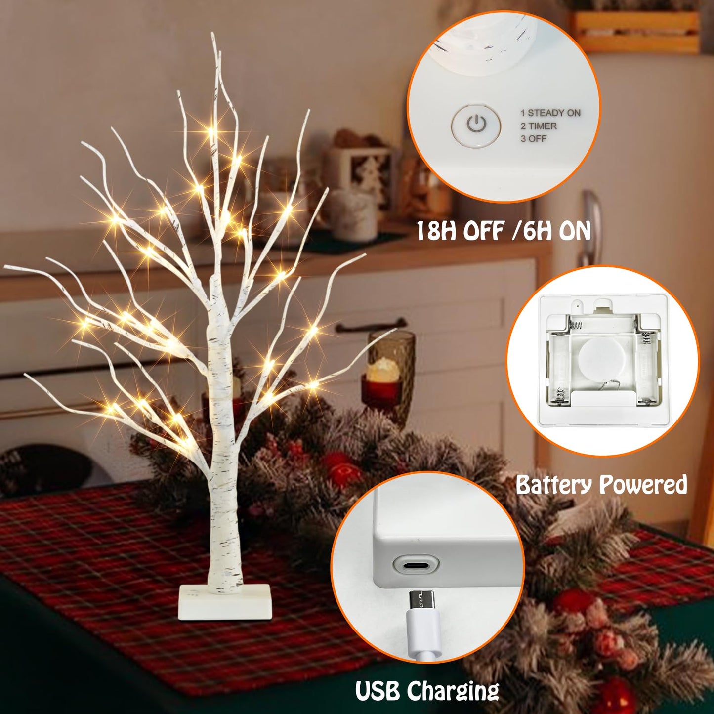 EAMBRITE Lighted Birch Tree for Christmas Decor, Table Decorations Indoor, 2Pack 24 LED Battery Operated/USB Tabletop Mini Artificial White Trees with Lights for Winter Home Centerpiece Mantel (2FT)