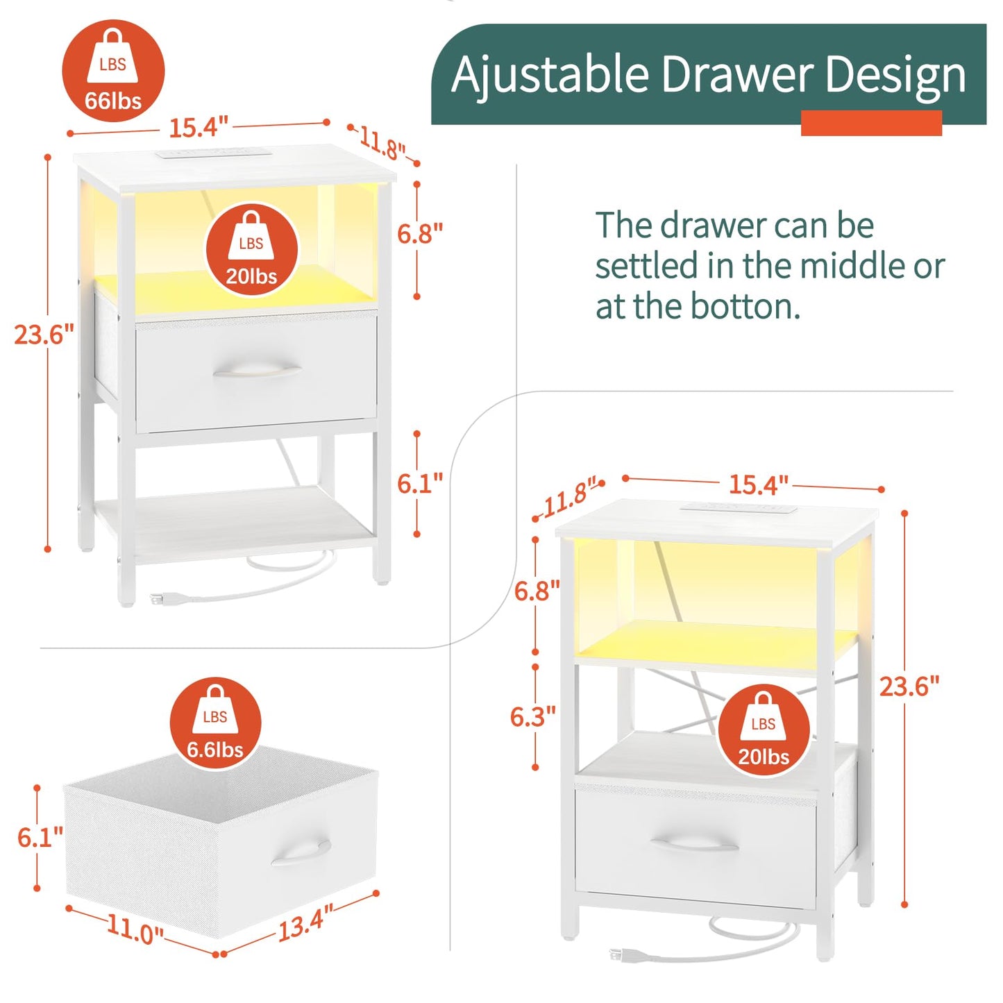 Yoobure White Night Stand with Charging Station, LED Nightstand for Bedroom, Bedside Tables with Adjustable Fabric Drawer, 3-Tier End Table Living Room, Small Side Table with Storage - WoodArtSupply