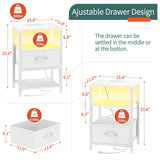 Yoobure White Night Stand with Charging Station, LED Nightstand for Bedroom, Bedside Tables with Adjustable Fabric Drawer, 3-Tier End Table Living Room, Small Side Table with Storage Yoobure
