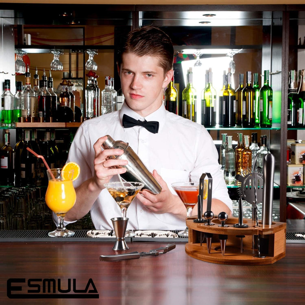 Esmula Bartender Kit with Stylish Bamboo Stand, 12 Piece 25oz Cocktail Shaker Set for Mixed Drink, Professional Stainless Steel Bar Tool Set, Gift for Man Dad- Cocktail Recipes Booklet (Silver) Esmula