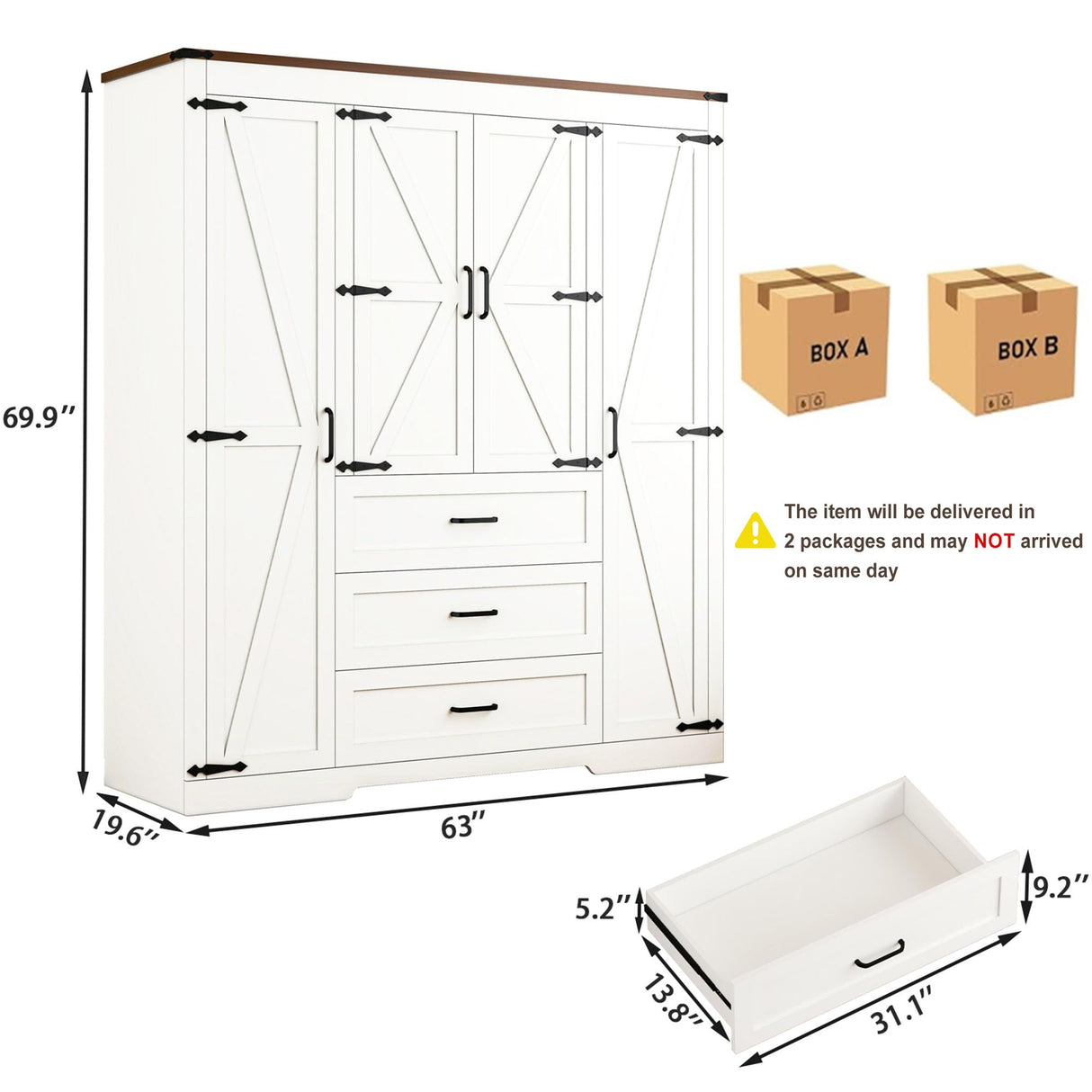 CayugaCrekrd 70" Tall Armoire Wardrobe Closet with 4 Doors & 3 Drawers, Farmhouse Bedroom Storage Cabinet with Hanging Rod, Freestanding Wooden Armoire Wardrobe Closet, White CayugaCrekrd