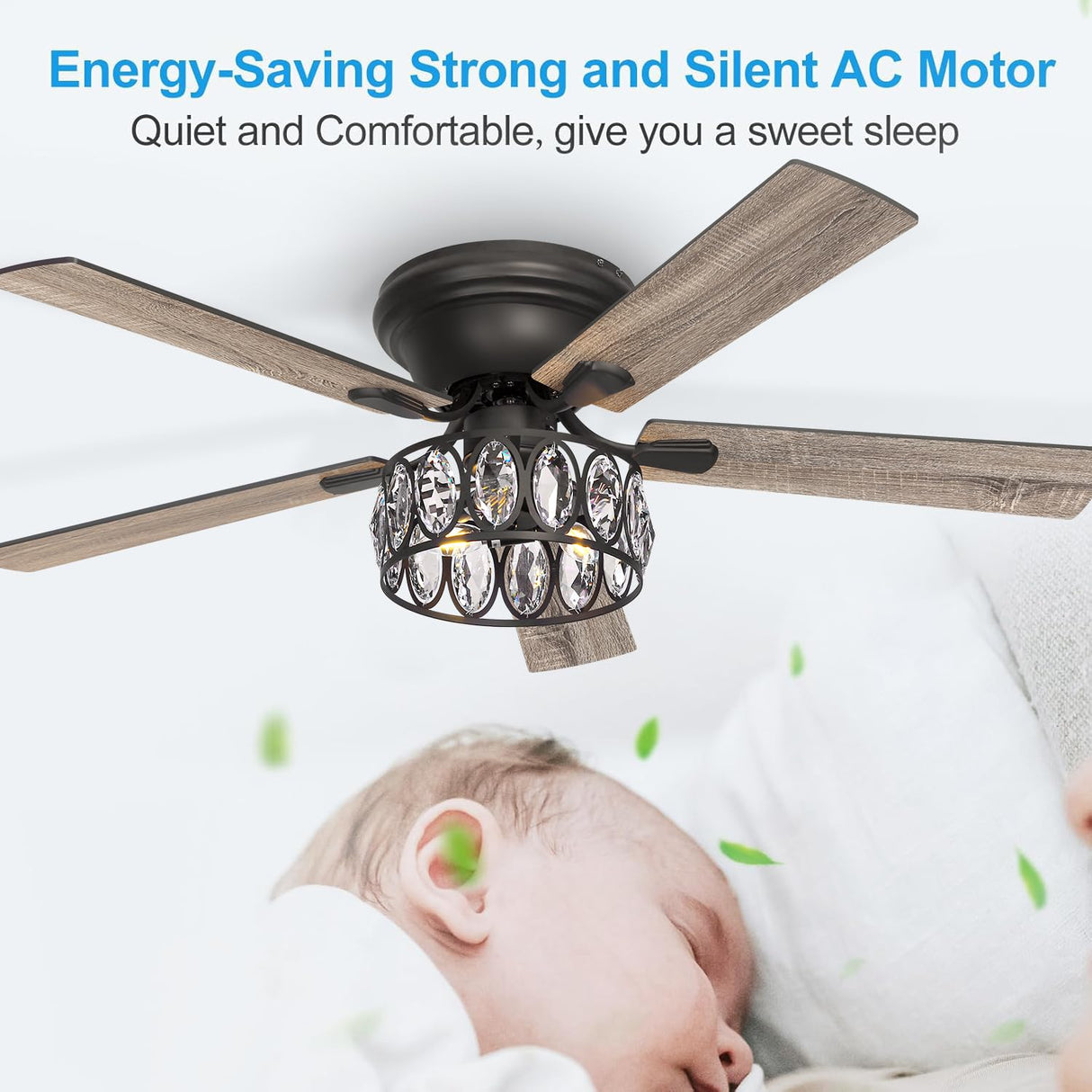 52 inch Flush Mount Black Ceiling Fans with Light Remote Control, 5 Reversible Blade Farmhouse Low Profile Ceiling Fan with Crystal Lighting Chandelier for Bedroom Breezary