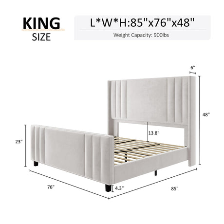 AMERLIFE King Size Bed Frame, Velvet Upholstered Platform Bed with Vertical Channel Tufted Headboard & Footboard/Wingback, Mattress Foundation with Wood Slats, No Box Spring Needed, Cream AMERLIFE