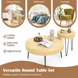 COSTWAY Farmhouse Round Coffee Table Set of 2, Rustic Sofa Side Tea Tables w/Wood Finish, Metal Frame, Adjustable Foot Pads, Nesting End Table Set for Living Room (Radial Pattern, Light Natural) COSTWAY
