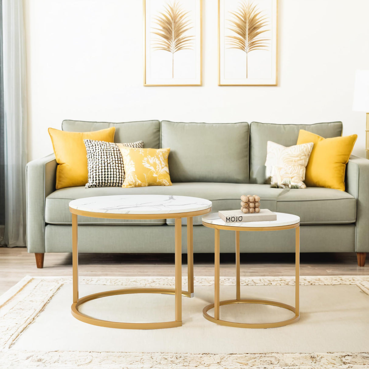 Faux Marble Top Nesting Coffee Tables End Table, Sofa Side Table Set of 2 for Living Room Bedroom Balcony, Stacking Coffee Table with Golden Frame Sirearx