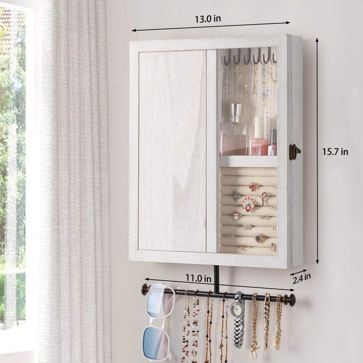 Keebofly Wall Mounted Jewelry Organizer With Rustic Wood Large Space Jewelry Cabinet, Holder, Storage Box for Necklaces, Earrings, Bracelets, Ring Holder, and Accessories White Keebofly