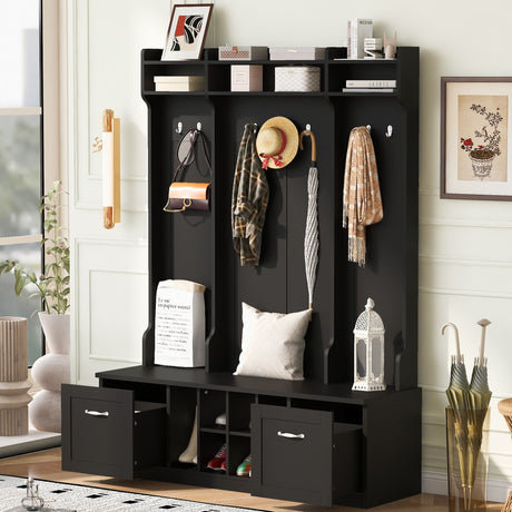 5 In 1 Entryway Bench With Coat Rack, 7 Sturdy Hooks, 2 Spacious Drawers And Adjustable Shelves HouseOfZazla