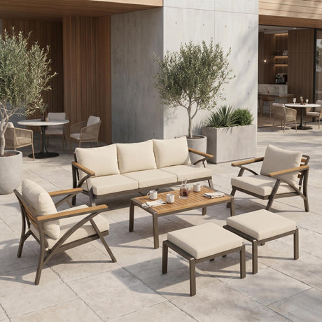 6-Piece Outdoor Patio Furniture Set with Steel Frame Sofa & Acacia Wood Table HouseOfZazla