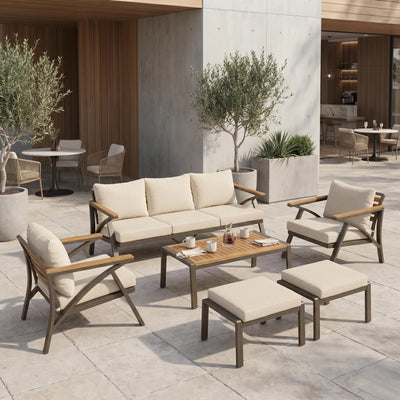 6-Piece Outdoor Patio Furniture Set with Steel Frame Sofa & Acacia Wood Table