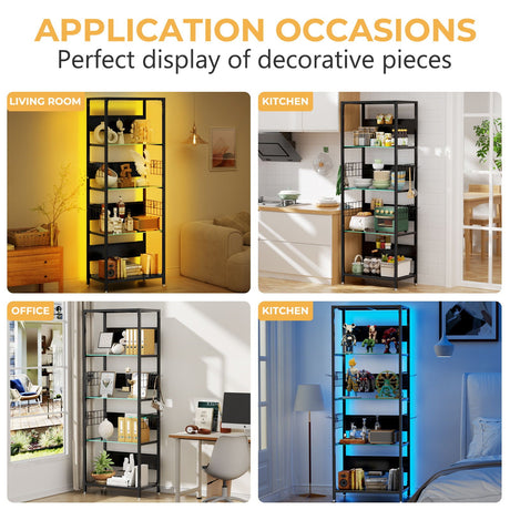 4 Tier Display Shelf With RGB Lights, LED Lighted Curio Cabinet With Adjustable Storage Box & Hooks - Black HouseOfZazla