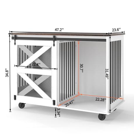 Mobile Dog Crate With Flip Top Feeding Door, Dual Access & 5 Caster System (2 Locking) - Brown White HouseOfZazla