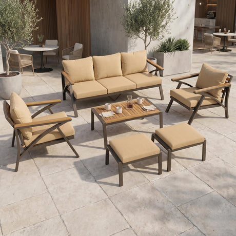 6-Piece Outdoor Patio Furniture Set with Steel Frame Sofa & Acacia Wood Table HouseOfZazla