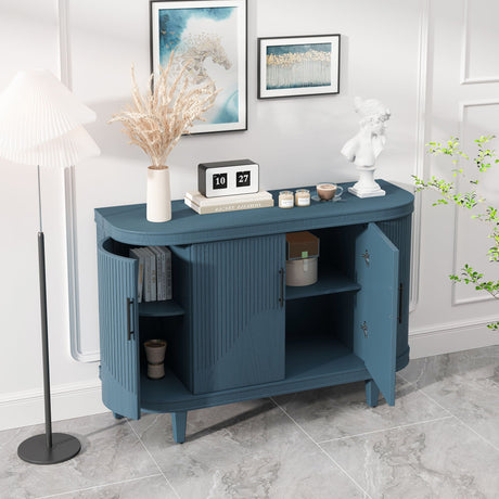 Curved Sideboard Wooden Console Table With 4 Doors And Adjustable Shelves For Living Room - Blue HouseOfZazla