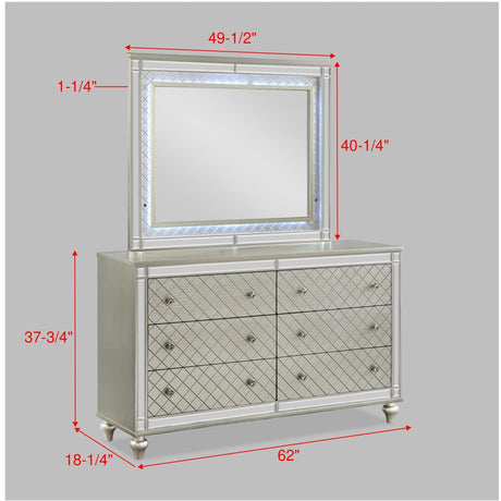 6 Drawer Bedroom Dresser With Diamond Patterned Drawer Fronts - Silver HouseOfZazla