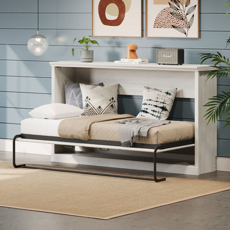 Twin Size Horizontal Murphy Bed With Dual Piston System, Space Saving Wall Bed Folds Into Cabinet - Rustic White HouseOfZazla