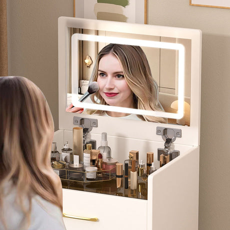 Compact 3 In 1 Vanity Desk With Open Top Mirror, Glass Desktop, 5 Height - White HouseOfZazla